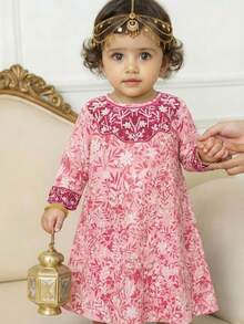 SHEIN 1 Piece Baby Girl Cute Versatile Casual Floral Pattern Holiday Petal Collar Front Diamond Bow Light Purple Loose Dress Robe, Comfortable Casual Versatile Fashion Everyday, Suitable For Birthday Parties, Evening Parties, Performances, Weddings, Baptisms, Opening Ceremonies Indoors, Outdoors, Daily, Sports, Play, Parties, Photos, Vacations, Festivals Suitable For Spring, Autumn And Winter - Yellow - View 5