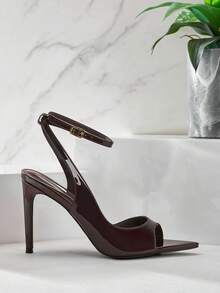 SHUZIA Giày sandal cao gót mũi nhọn hở gót, quai ngang mắt cá chân, màu sô cô la bóng bẩy, dành cho nữ, thích hợp cho khiêu vũ, tiệc tùng, mùa xuân hè, kỳ nghỉ. - Màu nâu Sô-cô-la - Xem 4