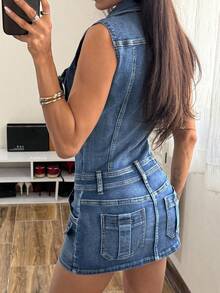 StreetHx Women's Summer Street Washed Zipper Bodycon Denim Dress - Blue - View 7