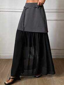 DAZY 撞色网纱腰带长款优雅半身裙，适合春秋季穿着 - 灰色 - 查看 4