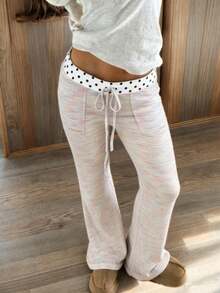 CovetEZ بنطلون طويل للنساء الكاجوال بخصر رباط مزخرف بنقشة البولكا نقاط ملونة - وردي - مشاهدة 3