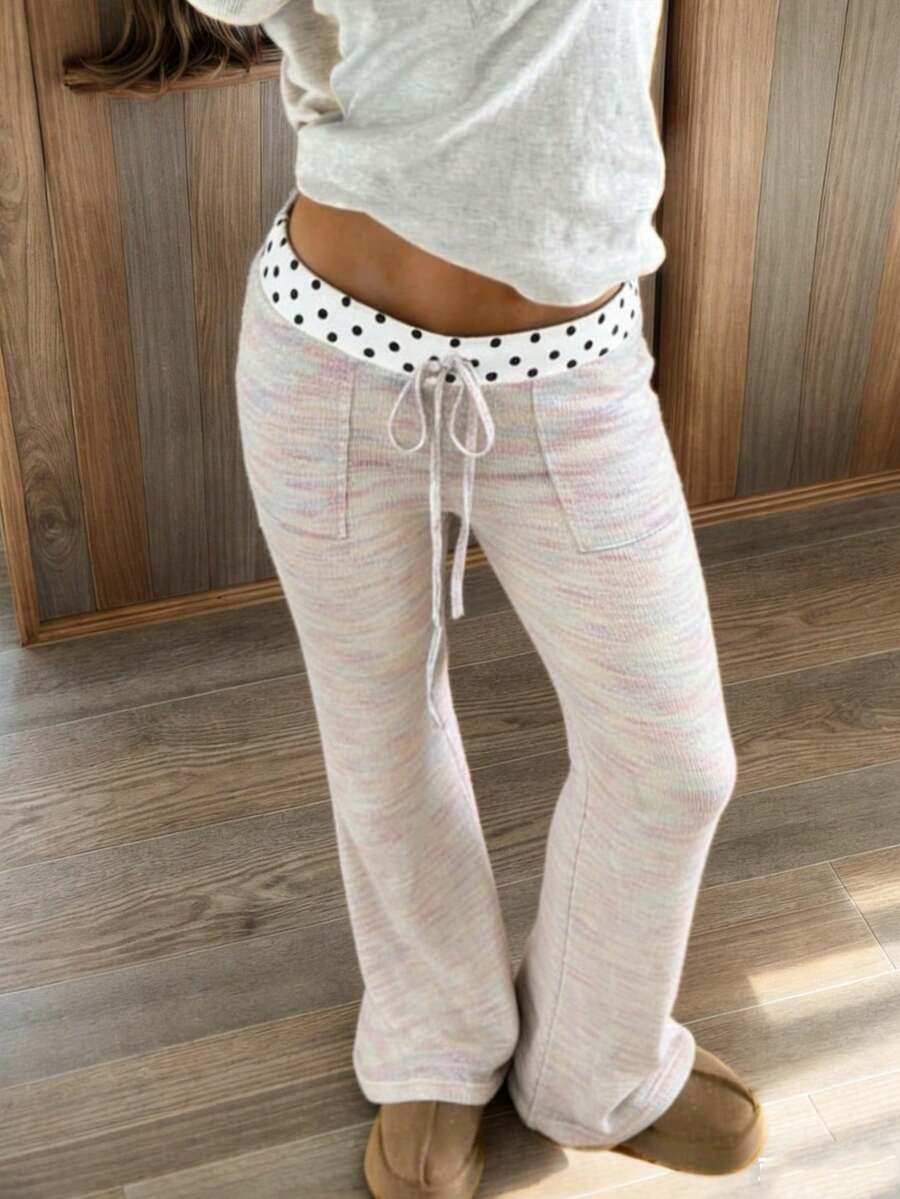 CovetEZ 彩色休闲女式波点图案抽绳腰长裤 - 粉色 - 查看 1