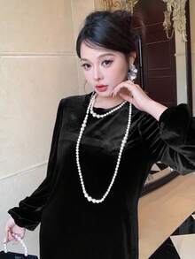 DAZY Women's Solid Color Round Neck Lantern Sleeve Sequin Ruffle Hem Elegant Dress - Black - View 2