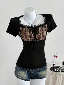 Elamini French Retro Plaid Contrast Lace Trim Square Neck Short Sleeve Fitted T-Shirt, Sweet & Spicy Design, Spring/Summer - Black - View 1