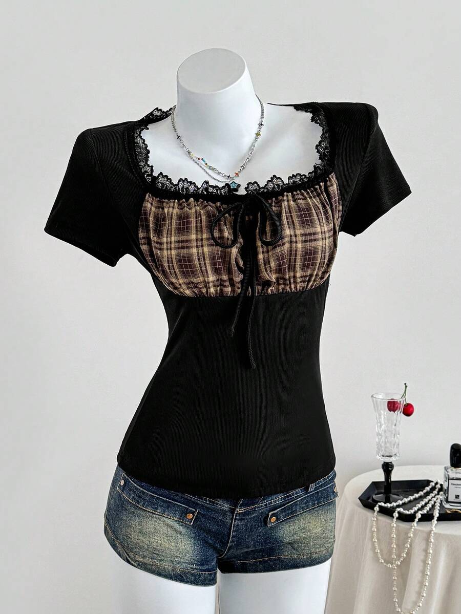 Elamini French Retro Plaid Contrast Lace Trim Square Neck Short Sleeve Fitted T-Shirt, Sweet & Spicy Design, Spring/Summer - Black - View 1