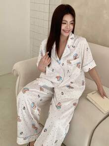 Dazy Plus Bộ đồ ngủ 2 món in hình hoạt hình dễ thương, áo tay ngắn dáng rộng và quần dài, thích hợp cho mùa xuân/thu. - Màu be - Xem 5