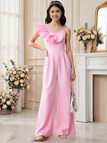 SHEIN ChillGRL Mono con volantes asimétricos en los hombros y cinturón a juego, elegante para adolescentes, apropiado para uso diario, ir al trabajo, casual, vacaciones, reuniones y estilo callejero - Rosa - Ver 3