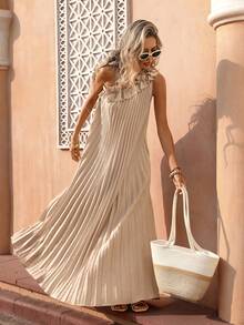 Flora Isola Flora Isola Đầm không tay nữ, đầm dài xếp ly lệch vai họa tiết hoa 3D, thanh lịch và lãng mạn cho các bữa tiệc mùa hè, đa năng cho mặc hàng ngày và đi làm. - Màu Khaki - Xem 5