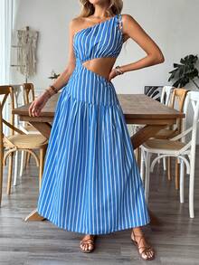 Breezaya Women's Romantic Hollow-Out Striped Dress, Suitable For Spring/Summer Vacation And Outdoor Wear - Blue - View 5