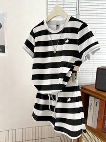 Resyla 复古美式黑白条纹，小马标志印花，女士休闲宽松时尚两件套 - 黑與白 - 查看 4