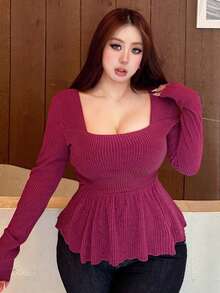 Dazy Plus Elastic Fitted Square Neck Cinched Waist Cropped Fuchsia Elegant Long Sleeve T-Shirt, Spring/Autumn - Hot Pink - View 4