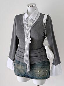 Sunspun 大码休闲撞色拼接修身长袖二合一T恤 - 灰色 - 查看 3