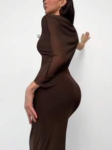 Aloruh Brown Minimalist Ruched Decor Long Tight Mesh Dress For Women, Autumn/Winter - Brown - View 5