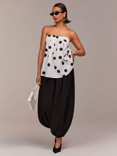 COSMINA Loose Fit Polka Dot Print Camisole Top, Elegant For Commuting, Suitable For Street Style, Fashionable Item, Essential For Summer, Women's Summer Top, Ruched Design Strapless Top Spotty Top Women Modern Tops For Women Polka Dot Top