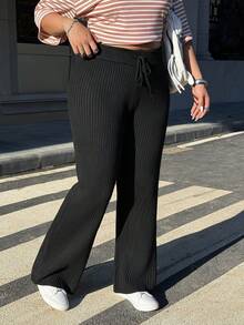 SHEIN EZwear Plus Size Women Solid Color Waist Tie Straight Loose Casual Knit Pants - Black - View 2