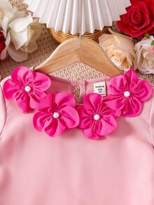 SHEIN Vestido midi de línea A con cuello redondo, parche, volantes de organza y decoración de flores de rosa 3D para niña. Vestido de pastel, vestido de niña de las flores, lindo, elegante, dulce, vintage y de moda. Combinación de mamá e hija, hermanas, vacaciones familiares, uso diario, reuniones familiares en el hogar y ocasiones especiales, conjuntos de hermanos, princesa elegante, uso en fiestas, para cumpleaños, primavera/verano. - Rosa Fucsia - Ver 6