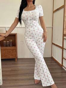 SHEIN Heart Print Contrast Lace Trim Slim Fit Short Sleeve Women Pajama Set - Blue - View 6