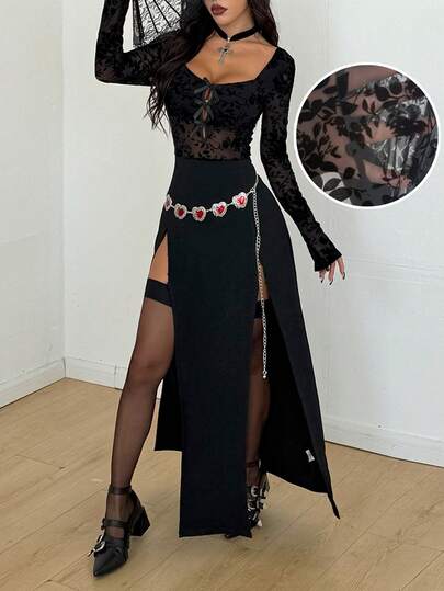 Coolane Women's Spring/Summer Goth Y2K Concert Punk Outfit Rave Outfit Festival Going Out Rave Outfit Renaissance Fair Club Outfits Party Mesh Black Square Neck Long Dress Sexy Black Dresses For Woman Black See Through Dress Black Dress Classy Elegant Slay Diva Dress Split Thigh Dress Sexy Dinner Outfits Women