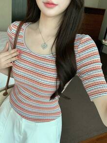 DAZY 女士休闲日常通勤撞色条纹印花圆领短袖修身T恤，夏季 - 彩色 - 查看 7