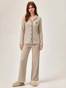 Loomlin Women's Contrast Color Piping Plaid Print Ribbed Long Sleeve Top & Pants Pajama Set - Apricot - View 3