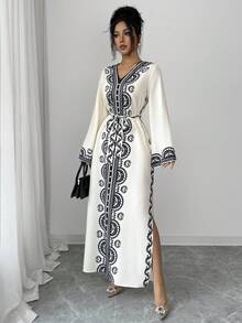 Rafferiza Women's Elegant V-Neck Printed Waist Cinched Long Dress - Multicolor - View 7