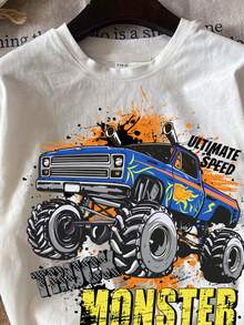 ModeFlare Wear 怪兽卡车图案男童休闲简约卡车印花圆领短袖T恤，棉混纺面料，适合夏季穿着 - 白色 - 查看 3