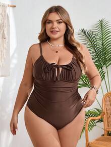 SHEIN CURVE+ Plus Size Women Coffee Color Fabric Chest Drawstring Hollow Design One-Piece Swimsuit, Suitable For Beach Vacation - Coffee Brown - View 6