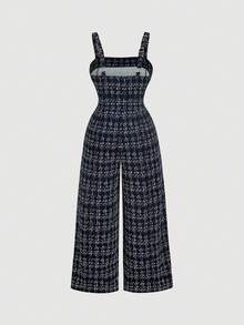 SHEIN MOD Plus Size Black & White Plaid Knit Suspender Pants, Retro College Style - Navy Blue - View 2