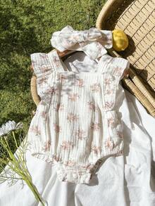 Vintaside Kids 新生儿无袖休闲碎花连体衣，适合夏季居家休闲或户外购物穿着 - 杏色 - 查看 5