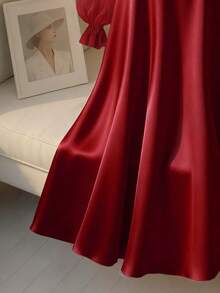 SHEIN Franclia 女士优雅缎面珍珠装饰长袖A字连衣裙，适合通勤、派对和聚会等场合 - 酒紅色 - 查看 2