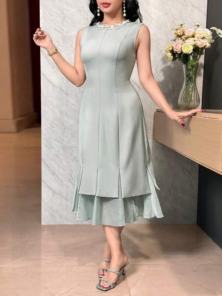 Feyla فستان أنيق متوسط الطول بياقة مستديرة بدون أكمام مزين بالخرز باللون الأحادي للنساء - أخضر نعناع - مشاهدة 5