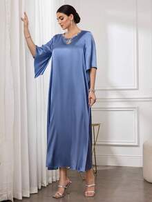 Al Najma Women's New Elegant Satin Fabric Shiny Luxurious Rhinestone Keyhole Neck Dress, Minimalist & Fashionable - Purple - View 5