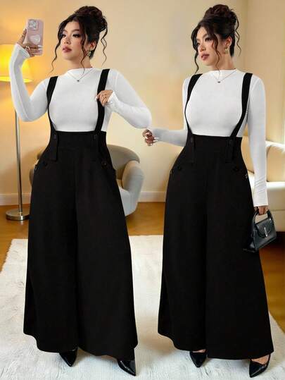 Elenzga Plus Size Knitted Textured Fabric Double-Breasted Pants With Real Pockets, High Waist Flared Leg Jumpsuit, Elegant For Outings, Dates, Parties, Versatile Casual Commute Bib Pants