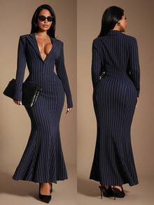 Radiana 女士优雅简约藏蓝色条纹翻领长袖修身连衣裙（带垫肩），复古现代西装裙，长款连衣裙，燕尾服连衣裙，美人鱼连衣裙，条纹连衣裙，休闲商务女装，时尚高端套装，适合休闲外出、通勤、办公室、工作场所、聚会、派对、正式场合。弹力面料，修身显瘦，凸显身材曲线。 - 藏蓝色 - 查看 8