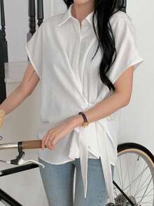 DAZY Women's Casual Collared Short Sleeve Shirt With Side Tie Knot Detail - White - View 6