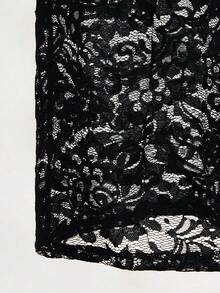 Mistrie Black Floral Lace Long Dress-Thin Straps-Transparent Sexy Long Dress - Black - View 6