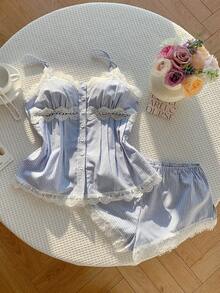 SHEIN EZwear Summer Holiday Outfits Blue Striped Woven Casual Women 2 Pieces Set - Blue and White - View 3