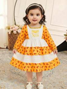 SHEIN Babygirl Elegant Floral Print Color Block Long Sleeve Loose Dress Rose Print Children's Dress, Elegant And Retro Moon And Star Embroidered Floral Pattern, Casual And Simple Traditional Arabic Long-Sleeved Girls' Dress, Suitable For Spring And Summer Wear, Elegant And Dignified Long-Sleeved Dress, Prayer Robe, Comfortable And Casual, Vacation Style, Dignified Dress, Children's Dress, Baby Girl Dress Baby Girl Jalabiya - Multicolor - View 2