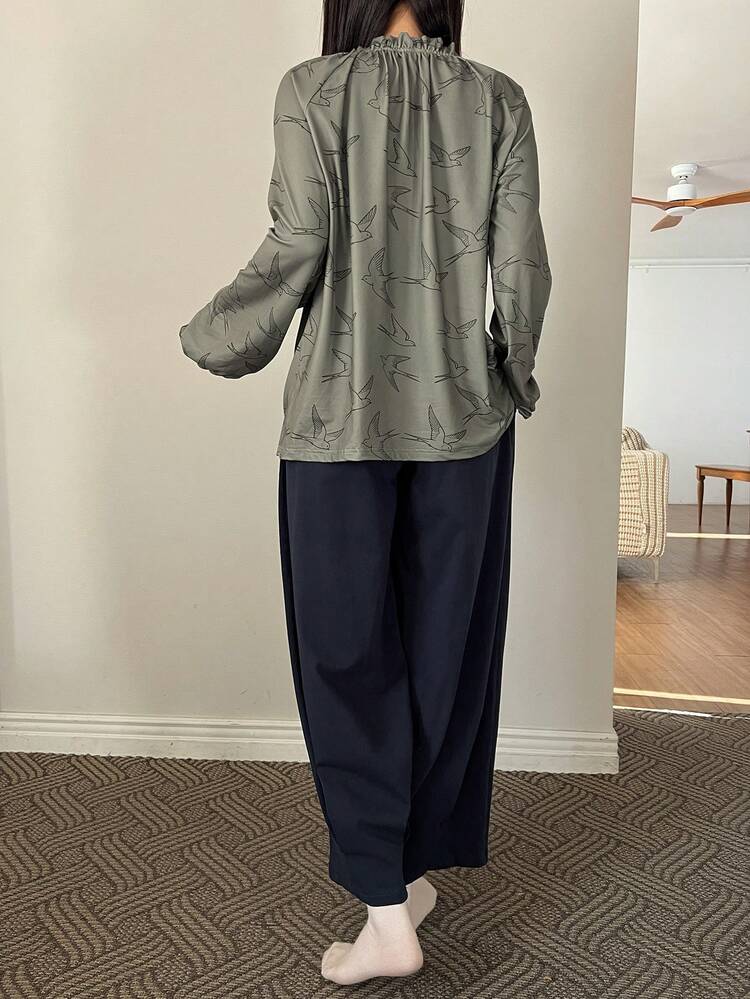 Line Drawing Bird Pattern Loose Pleated Ruffle Collar Top & Loose Lantern Leg Pajama Pants Women Sleepwear Set