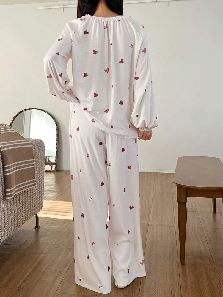 Heart Pattern All-Over Print Loose Fit Raglan Sleeve Women Pajama Set