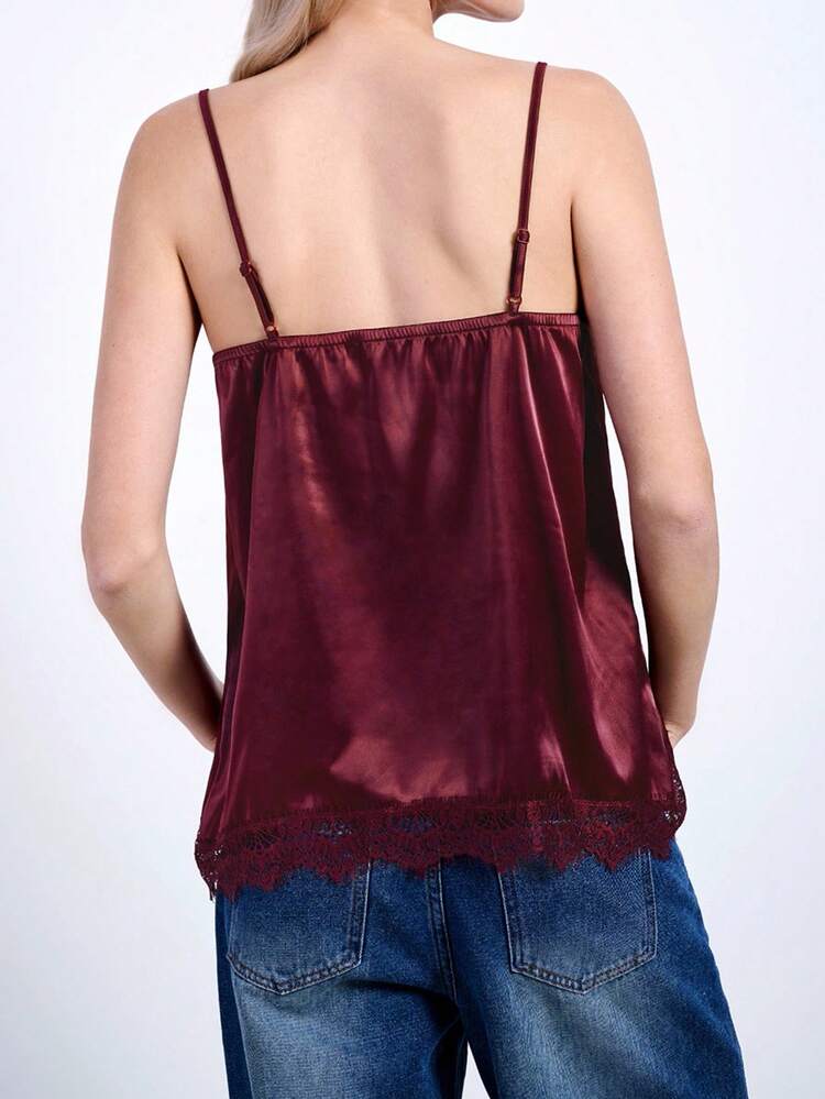 SHEIN Maija Women's Fashionable Contrast Lace Satin Sleeveless Top Tank Top, Suitable For New Year Valentines Day,Festival