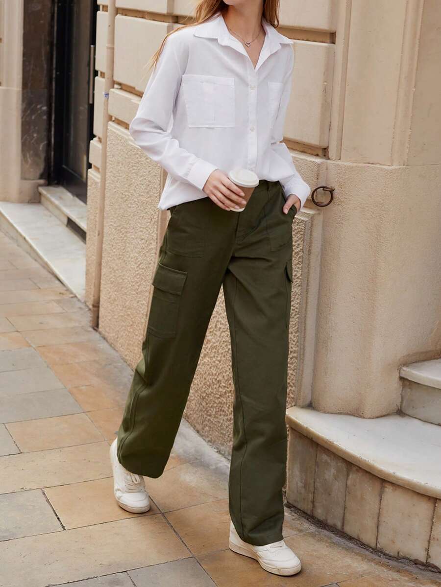 Maija 女士纯色休闲日常裤，简约风格，节日装扮 - 軍綠色 - 查看 1