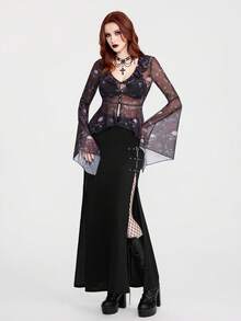 Women's Gothic Style Sexy Mesh Rose Skull Print Patchwork Frill Trim Asymmetrical Hem Button Up Cropped Cardigan Top Gothic Summer Clothes Witchy Top Sheer Black Top Gothic Women Clothes Gothic Top Gothic Blouse Sheer Tops For Women Gothic Clothing For Women Blouses For Women - Black - View 5