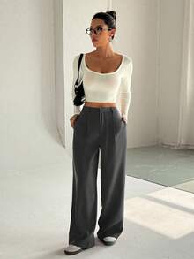 TRNVIE 2025 时尚畅销复古优雅垂坠宽松阔腿裤 - 灰色 - 查看 5