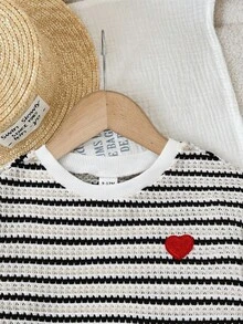 SHEIN LMoss Kids LMoss   2pcs Baby Girl Knitted Striped Casual T-Shirt And Shorts Set Two Piece Baby Outfit Toddler Two Piece Sets Baby Knit Set Baby Girl Set Stripes - Black and White - View 6