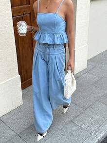 Siren Gaze Women's Casual Denim Camisole Top With Ruffle Hem And Denim Pants Set, Summer - Light Wash - View 5