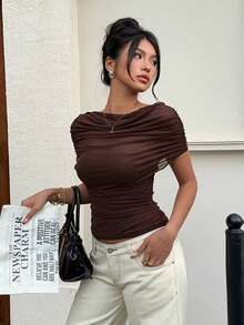 Siren Gaze 女士夏季时尚纯色收腰T恤，一件上衣两种穿法 - 棕色 - 查看 5