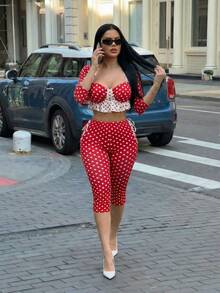 SHEIN SXY Valentine's Day Red Polka Dot Sexy Ruffle Hem 3/4 Pants Set,Spring ,Date ,Going Out ,Sexy ,Club  ,Spring ,Summer