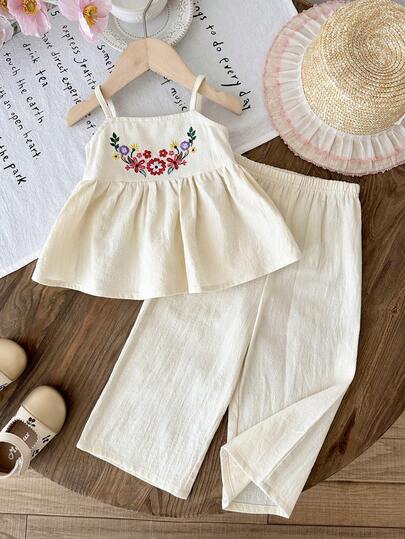 LMoss Kids Baby Girl Floral Embroidery Babydoll Cami Top & Wide Leg Pants Set, Casual Holiday Style