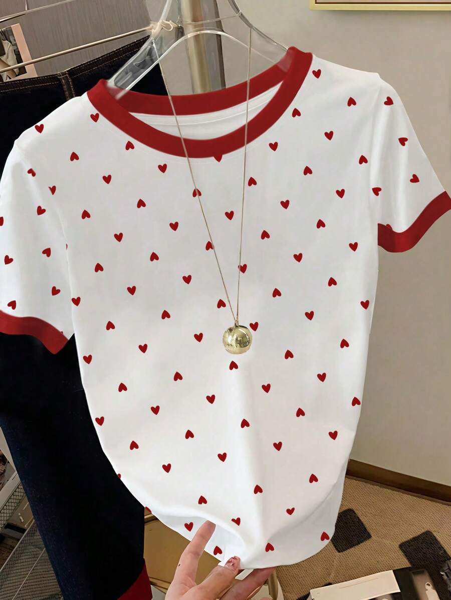 Resyla Áo thun nữ ôm dáng in hình trái tim chấm bi phối màu đỏ trắng ngọt ngào và dễ thương cho ngày Valentine, thích hợp cho mùa hè, áo thun thời trang, áo thun đẹp, quà tặng cho anh chị em, quà tặng cho mẹ, quà tặng Ngày của Mẹ, áo thun thường ngày và thời trang. - Đỏ - Xem 1